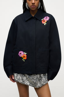 Embroidered Flower Cargo Jacket | Midnight Blue