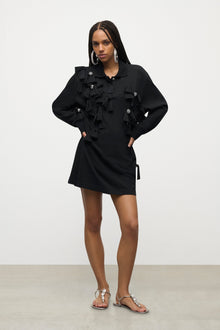 Allover Crystal Embellished Bow Long Sleeve Polo | Washed Black