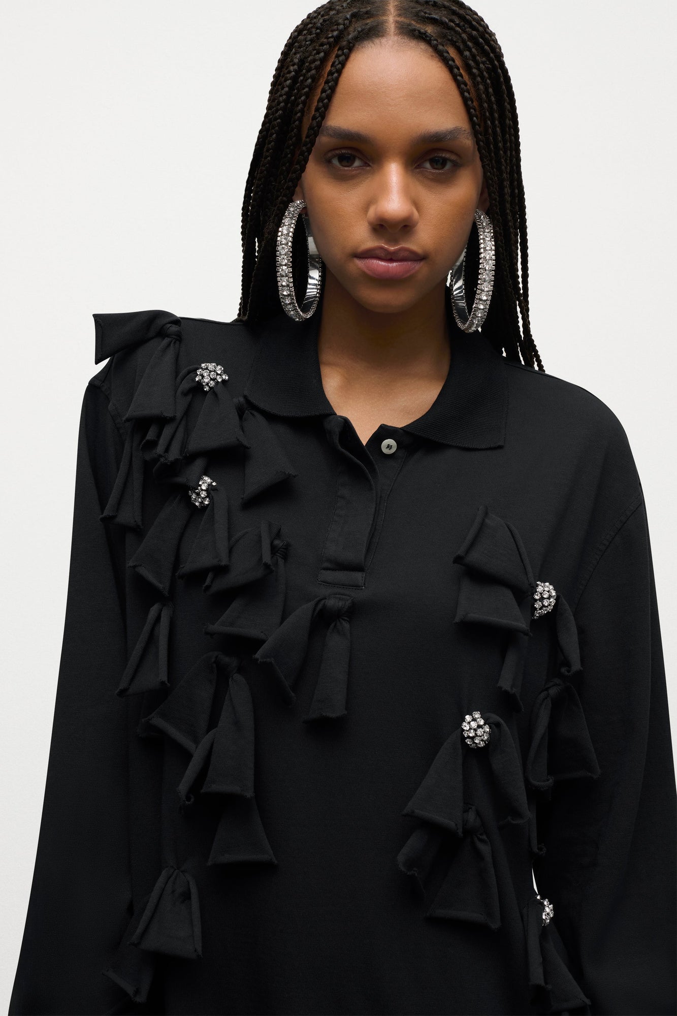 Allover Crystal Embellished Bow Long Sleeve Polo | Washed Black