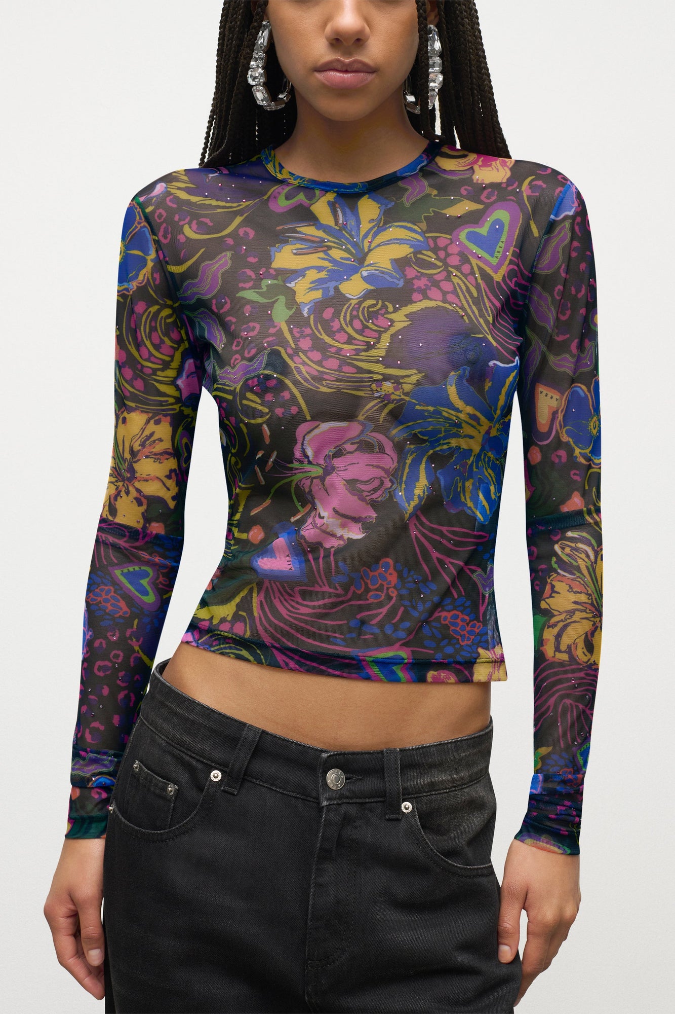 Hotfix Printed Tulle Long Sleeve Top | Multi