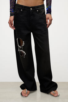 Crystal Chain Cutout Relaxed Jean | Washed Black