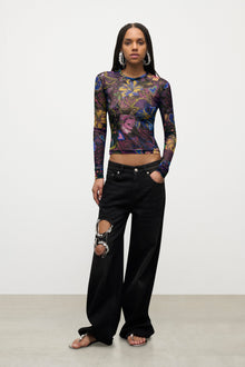 Hotfix Printed Tulle Long Sleeve Top | Multi