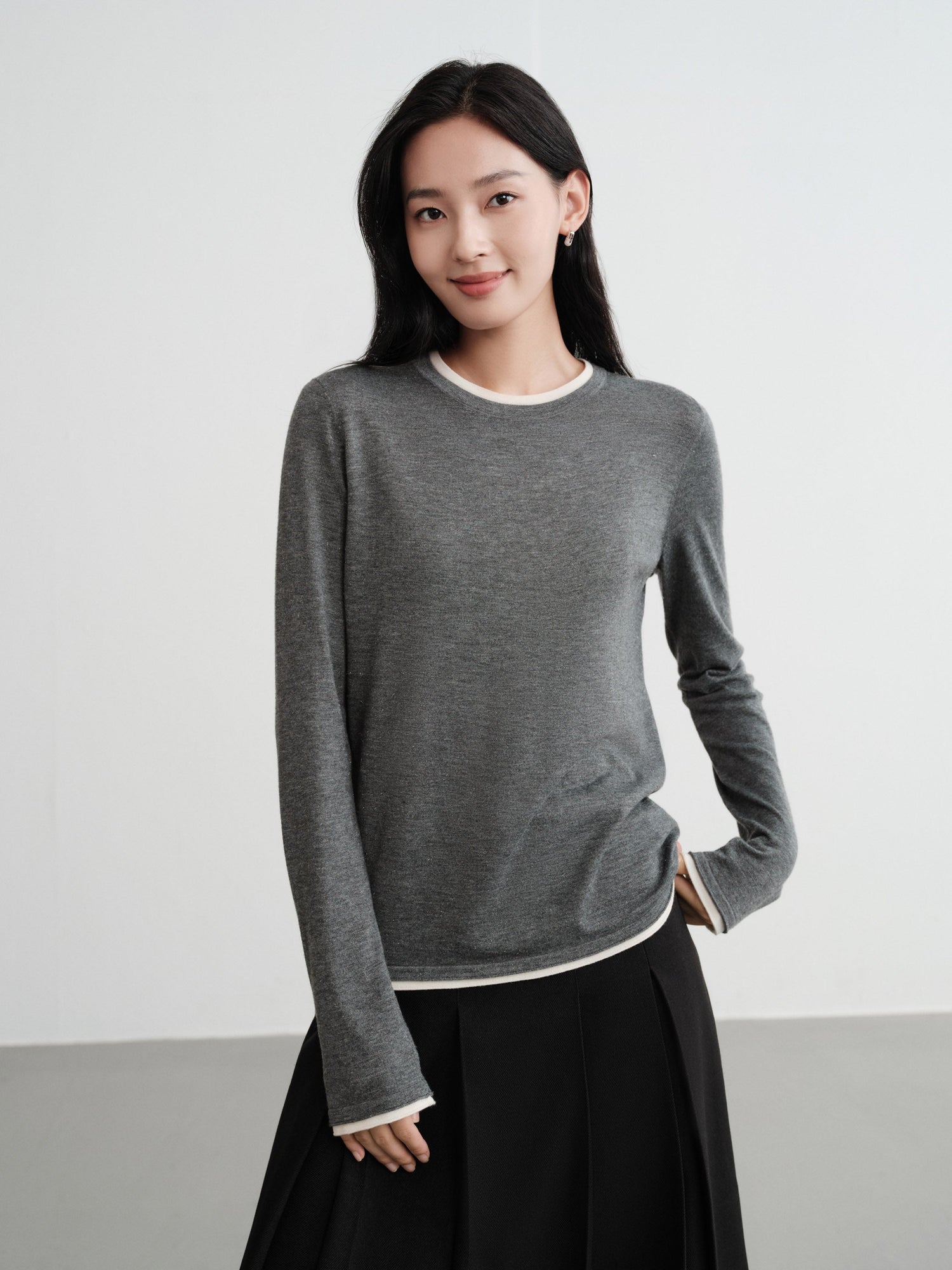 Slub Yarn Round Neck Knit Top | Grey