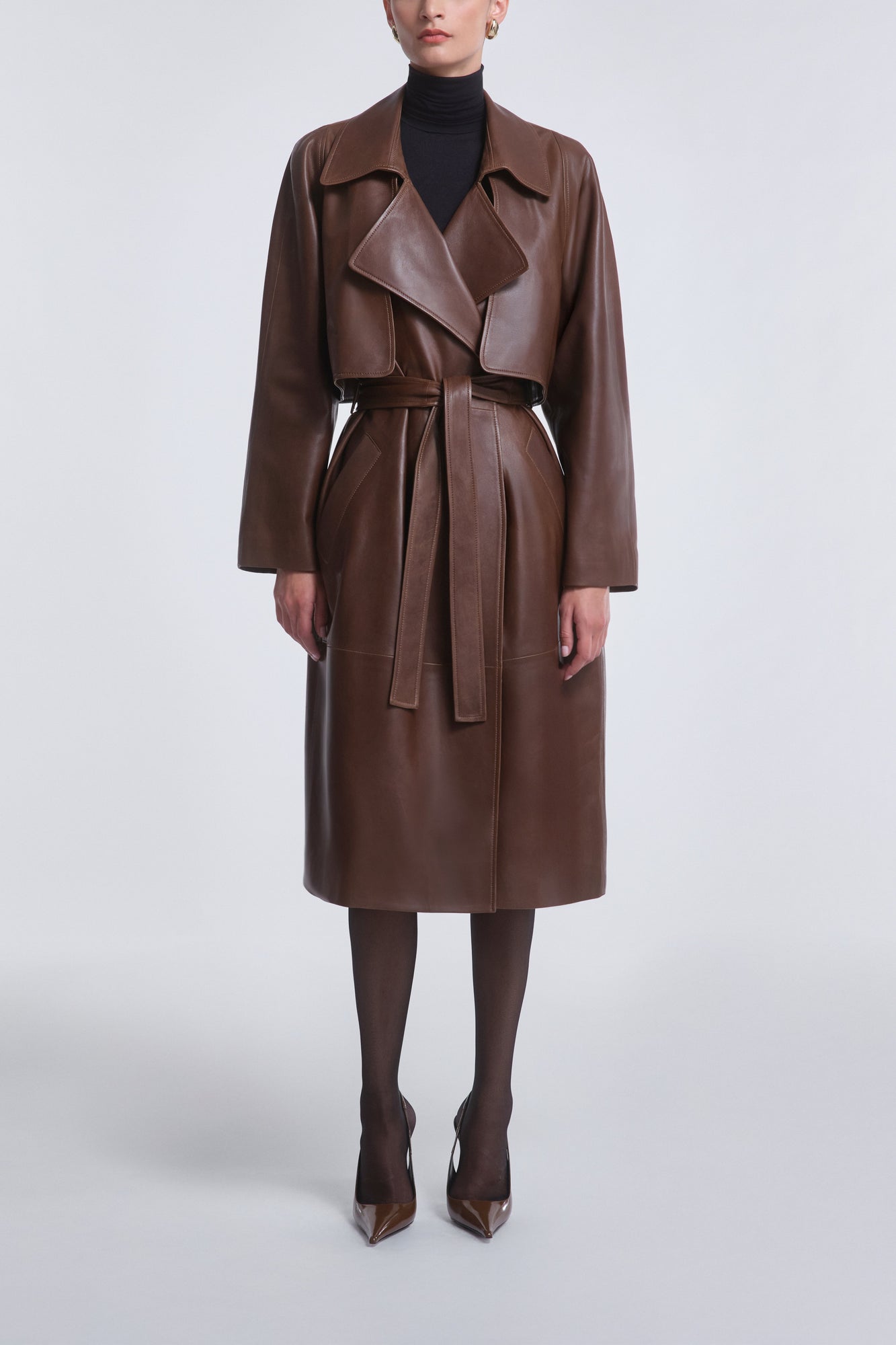 Model is wearing Nour Hammour Cisely Relaxed Leather Coat Canelle - Front Closed