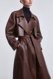 Model is wearing Nour Hammour Cisely Relaxed Leather Coat Canelle - Close Up