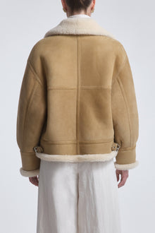 Model is Wearing the Nour Hammour Portia Modern Shearling Aviator Jacket Biscuit - Back