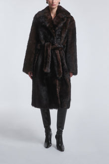 Model is Wearing the Nour Hammour Uma Plush Shearling Coat Brown Marble - Front