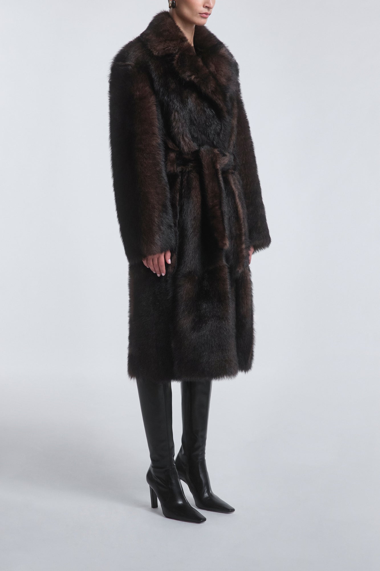 Model is Wearing the Nour Hammour Uma Plush Shearling Coat Brown Marble - Three Quarters
