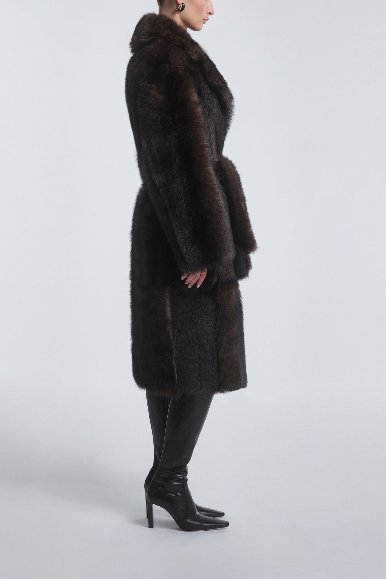 Model is Wearing the Nour Hammour Uma Plush Shearling Coat Brown Marble - Side