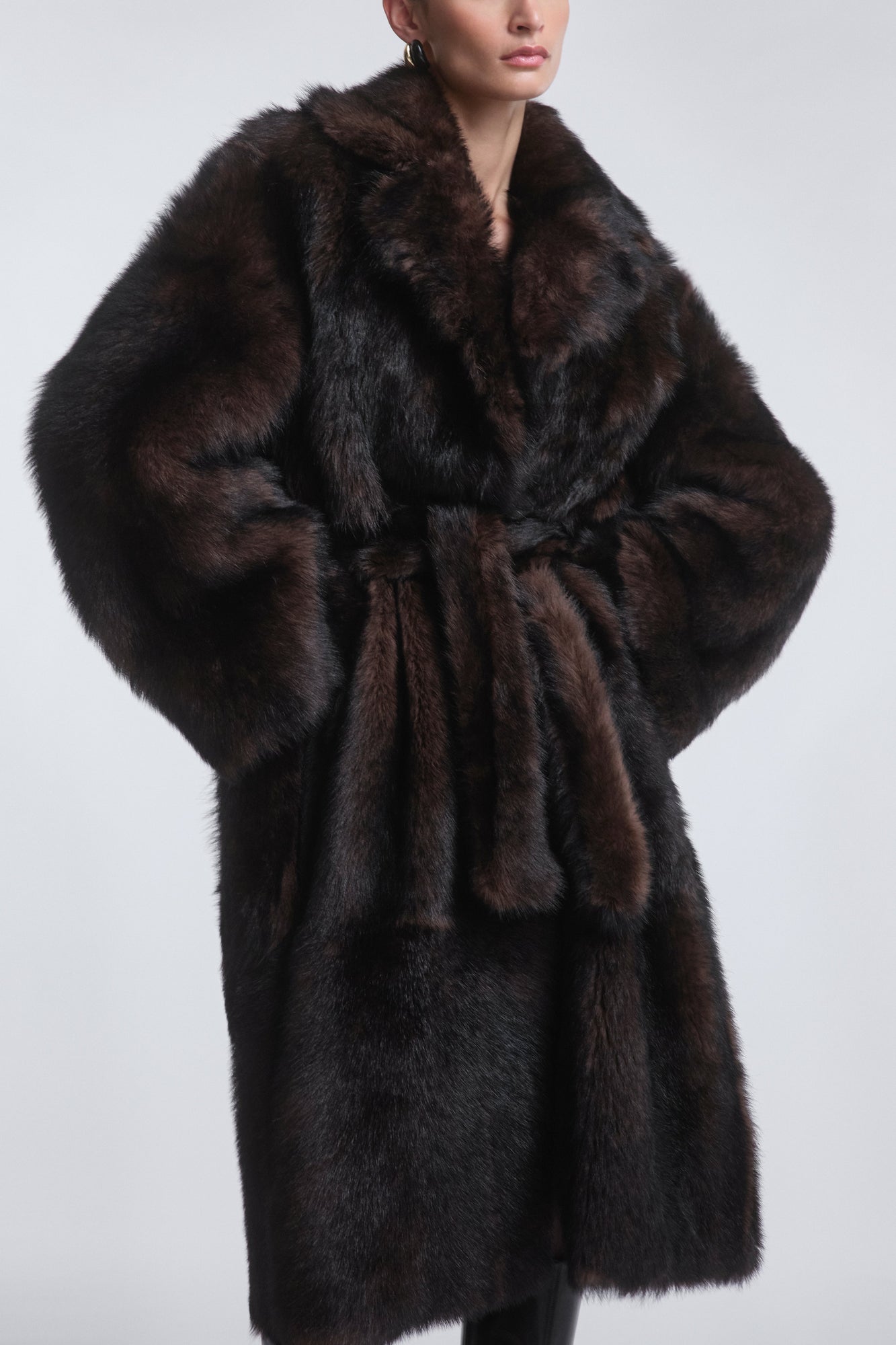 Model is Wearing the Nour Hammour Uma Plush Shearling Coat Brown Marble - Close Up