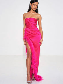 Perrin Fuchsia Feather Dress High Slit Gown | Pink