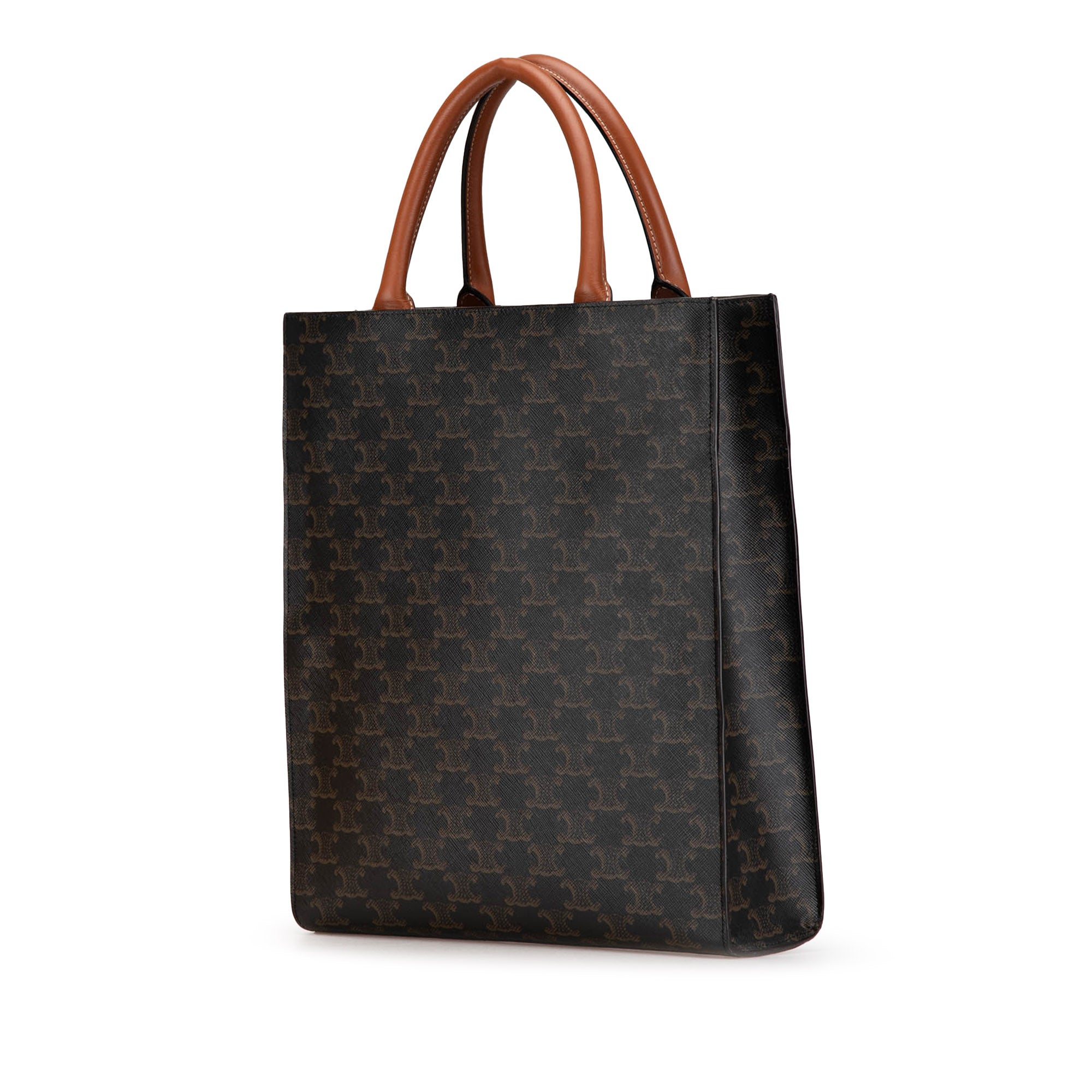 Celine | Pre-Owned Small Paris Print Triomphe Coated Canvas Vertical Cabas Tote | Brown/Dark Brown