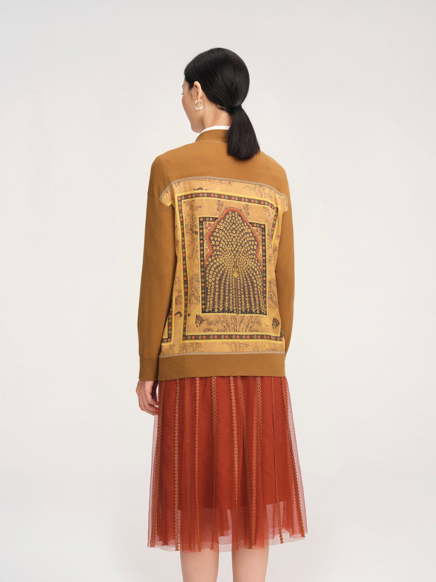 Spliced Printed Kint Cardigan | Camel