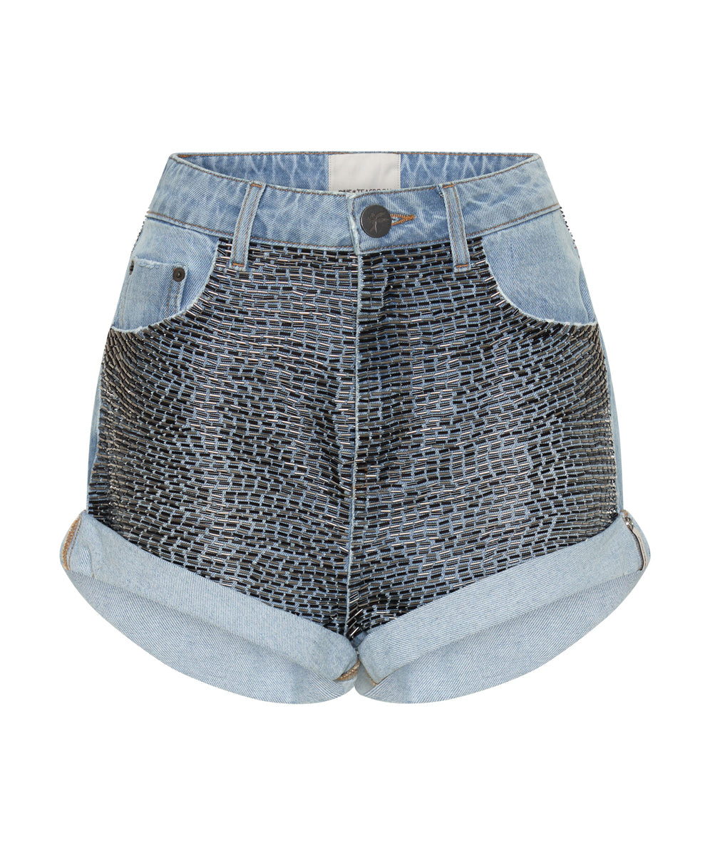 Bandits High Waist Sequin Denim Shorts | Mid Blue