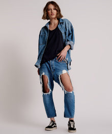 Kingpins Low Waist Cropped Boyfriend Denim Jeans | Bay Blue