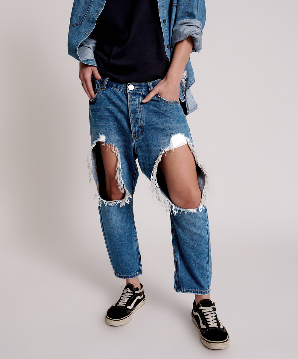 Kingpins Low Waist Cropped Boyfriend Denim Jeans | Bay Blue