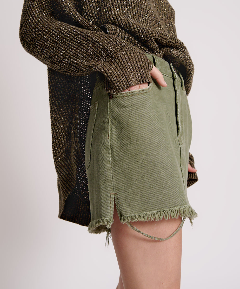 2020 High Waist Mini Denim Skirt | Military Khaki