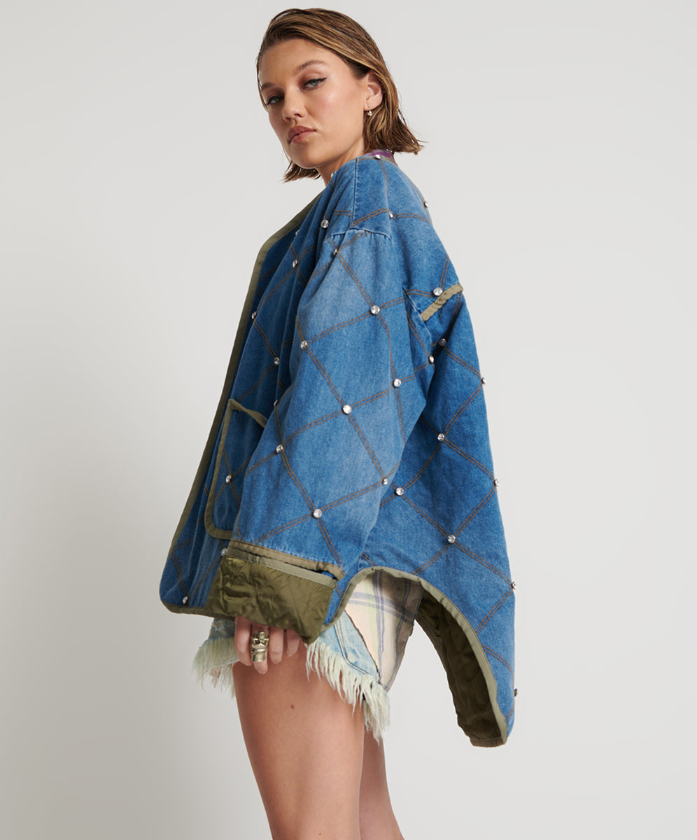 Quilted Crystal Studded Denim Jacket | Bay Blue