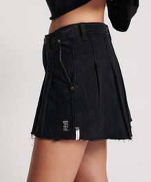 Pleated Micro Denim Mini Skirt | Black Oak