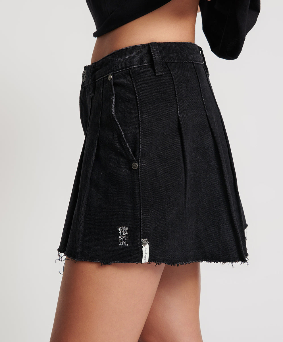 Pleated Micro Denim Mini Skirt | Black Oak