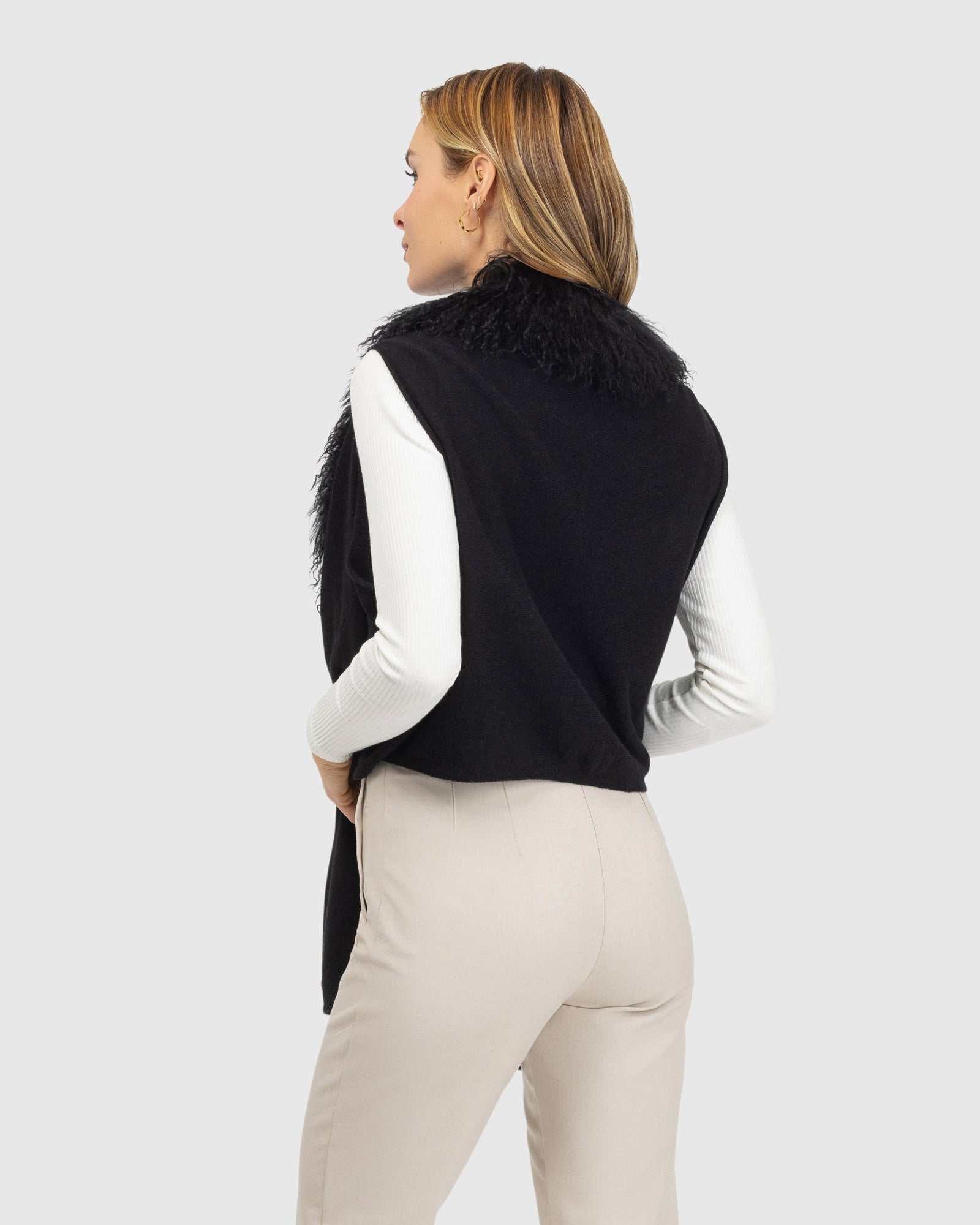 Select Cashmere And Merino Wool Blend Vest With Select Mongolian Lamb Trim | Black
