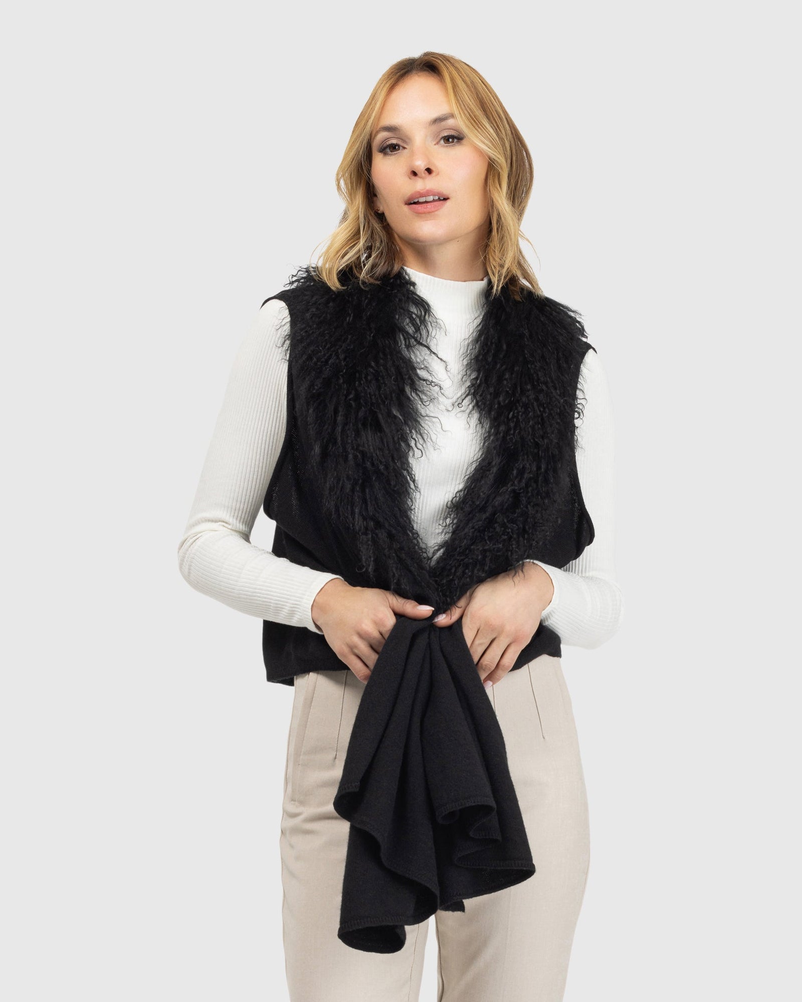 Select Cashmere And Merino Wool Blend Vest With Select Mongolian Lamb Trim | Black