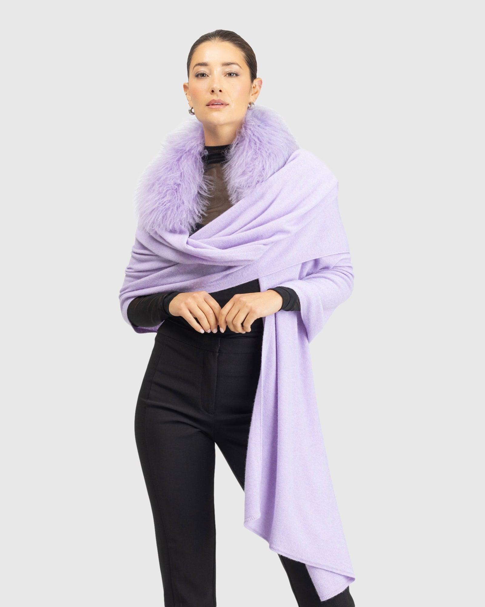 Select Cashmere and Merino Wool Blend Stole with Select Mongolian Lamb Trim | Lilac