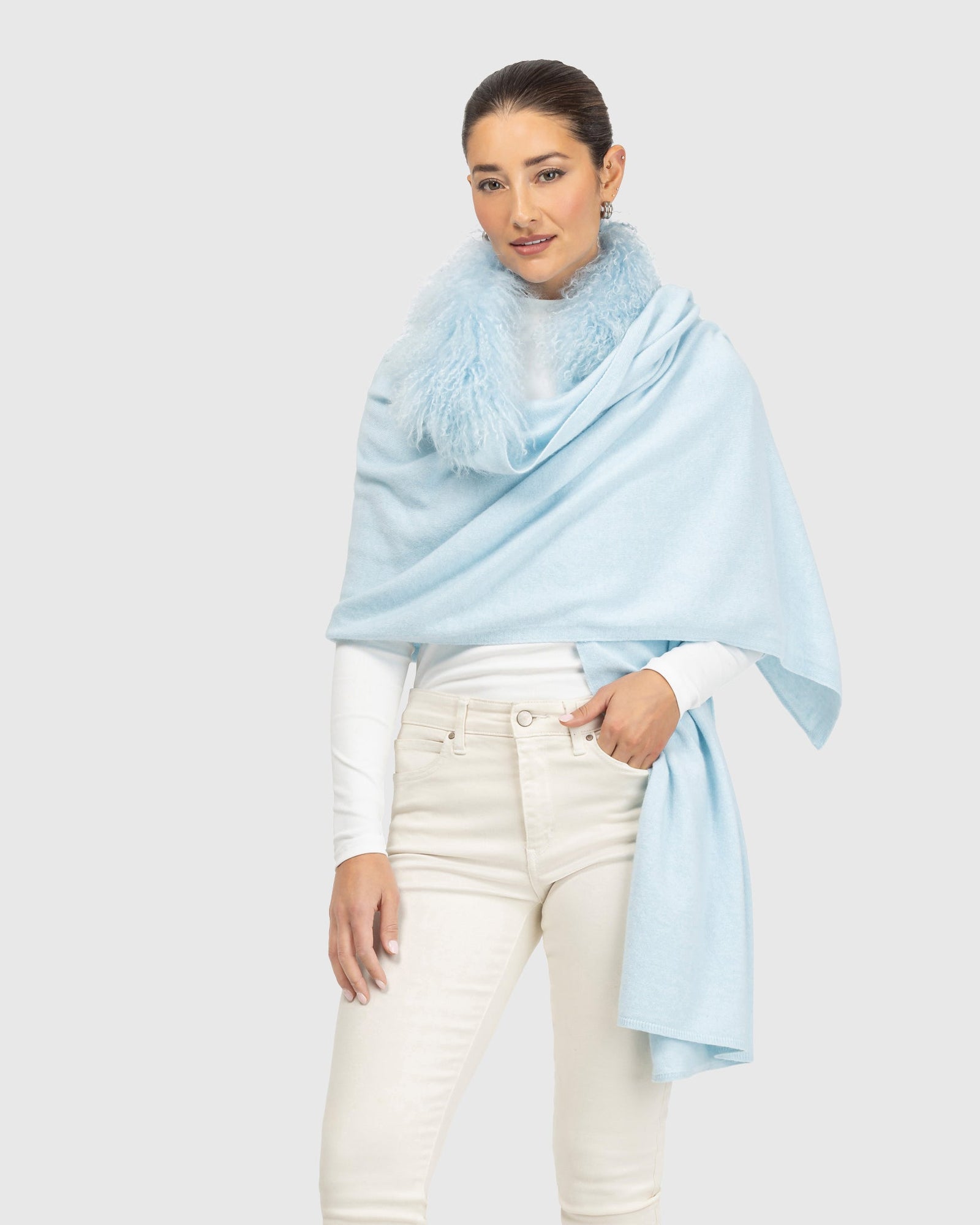 Select Cashmere and Merino Wool Blend Stole with Select Mongolian Lamb Trim | Pale Blue