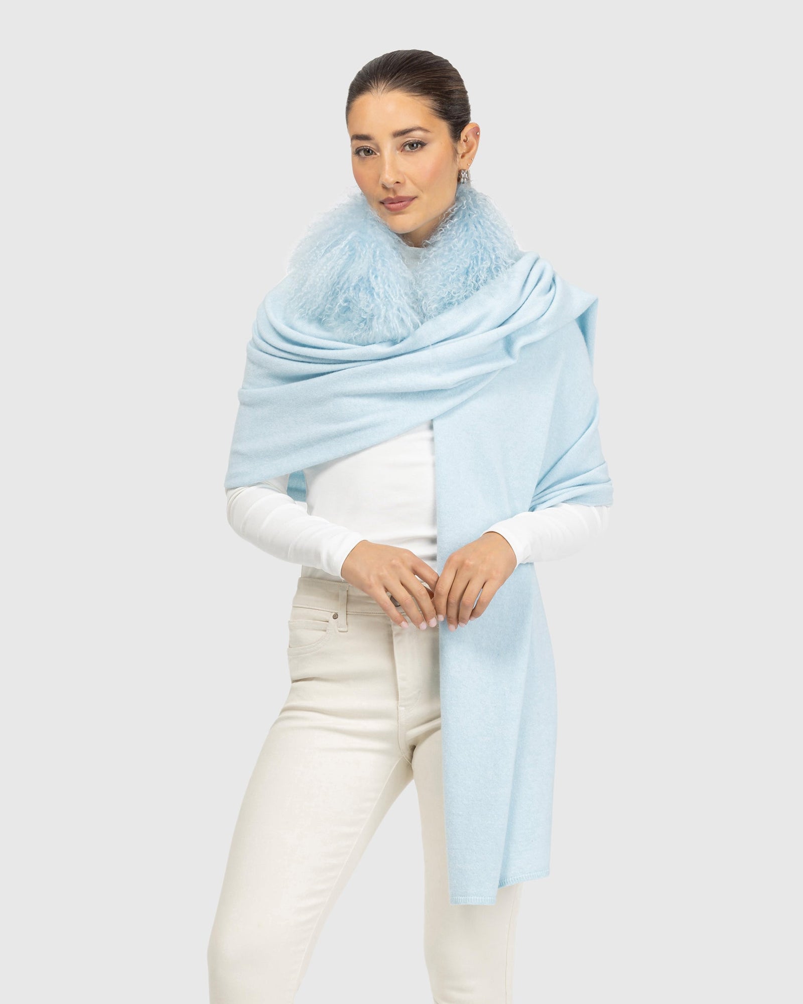 Select Cashmere and Merino Wool Blend Stole with Select Mongolian Lamb Trim | Pale Blue