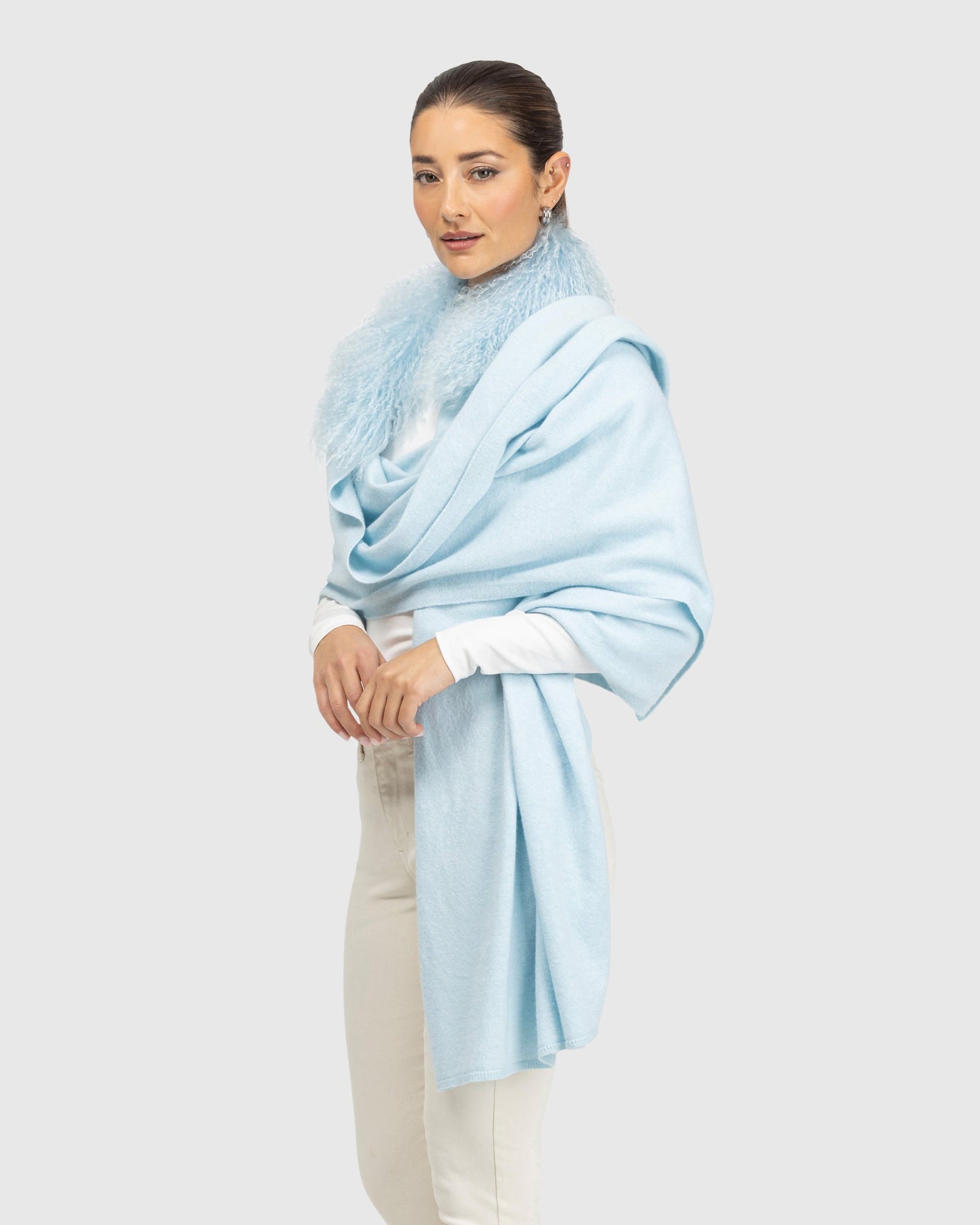Select Cashmere and Merino Wool Blend Stole with Select Mongolian Lamb Trim | Pale Blue