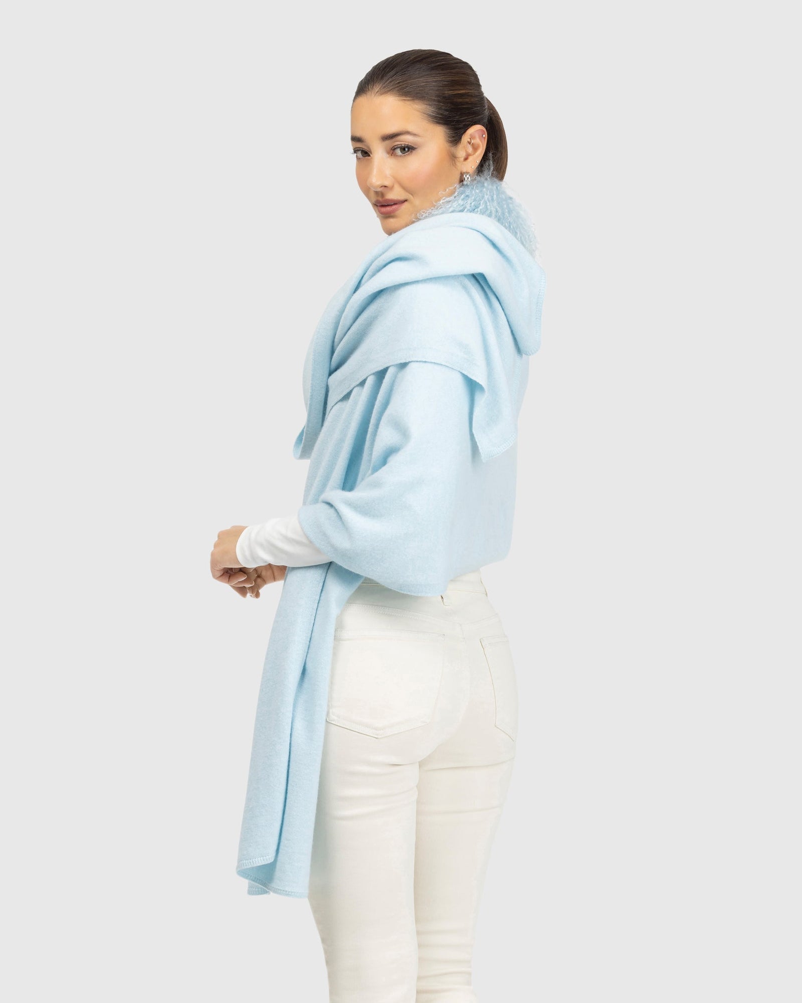 Select Cashmere and Merino Wool Blend Stole with Select Mongolian Lamb Trim | Pale Blue