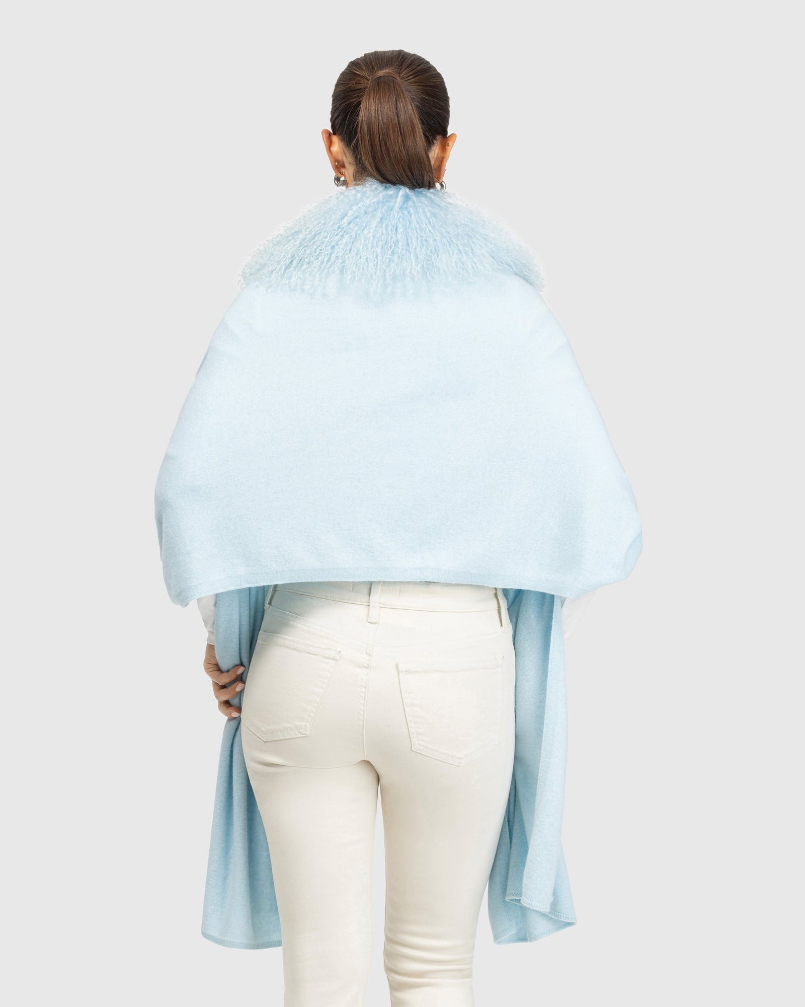 Select Cashmere and Merino Wool Blend Stole with Select Mongolian Lamb Trim | Pale Blue