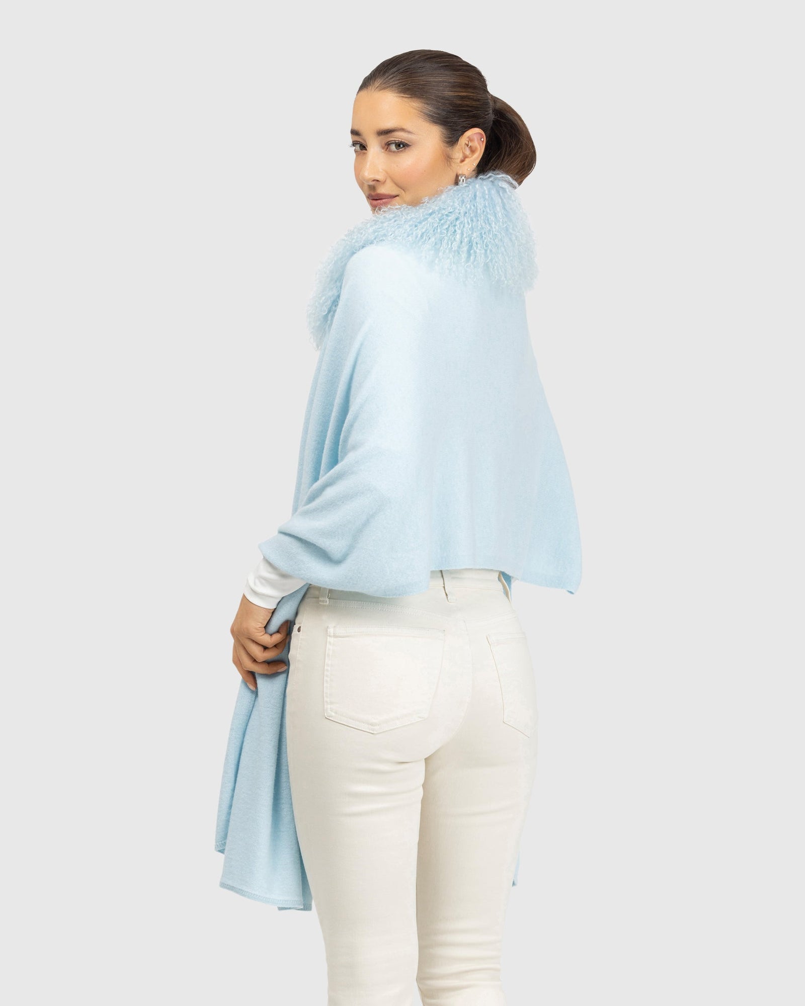 Select Cashmere and Merino Wool Blend Stole with Select Mongolian Lamb Trim | Pale Blue