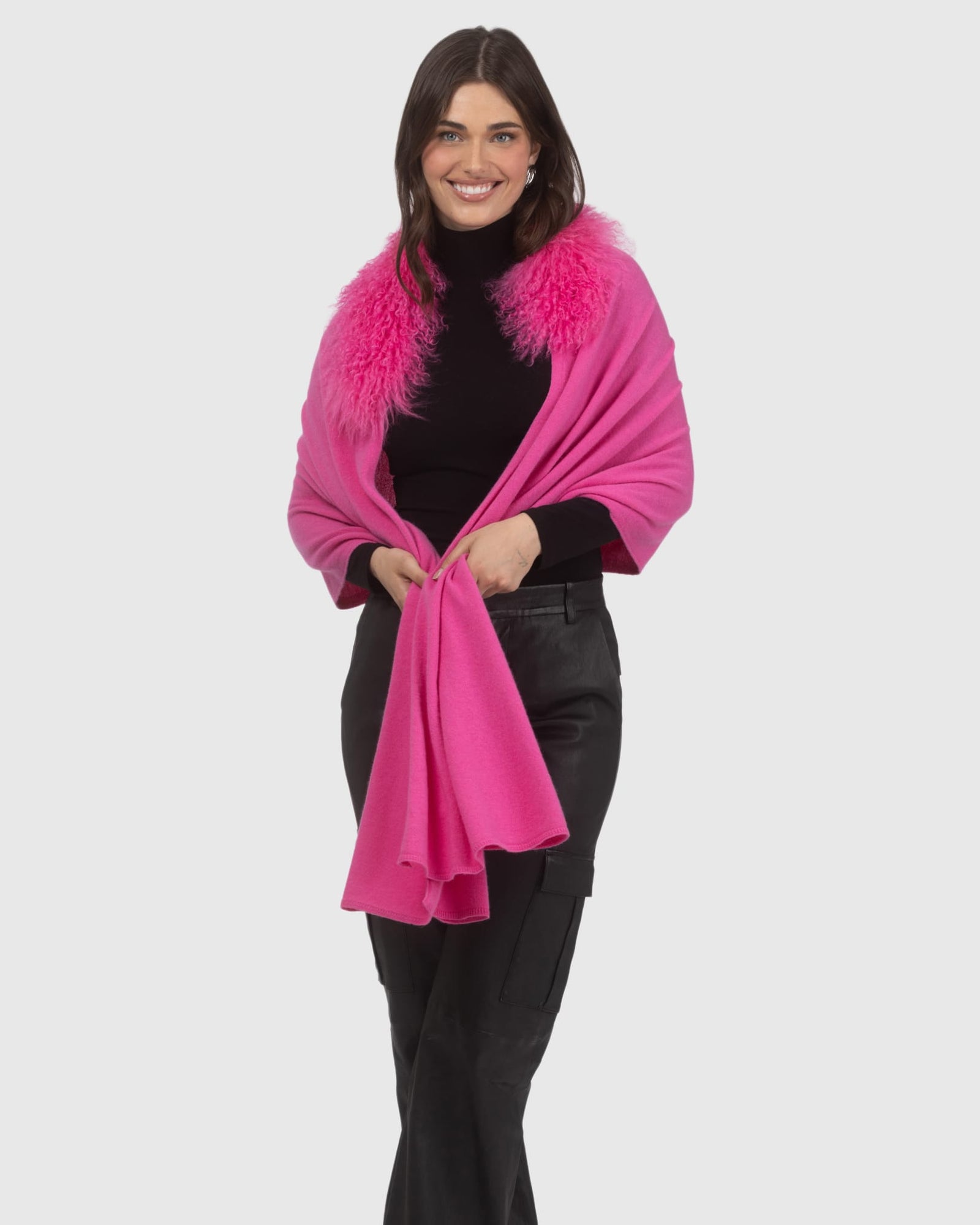Select Cashmere and Merino Wool Blend Stole with Select Mongolian Lamb Trim | Fuschia