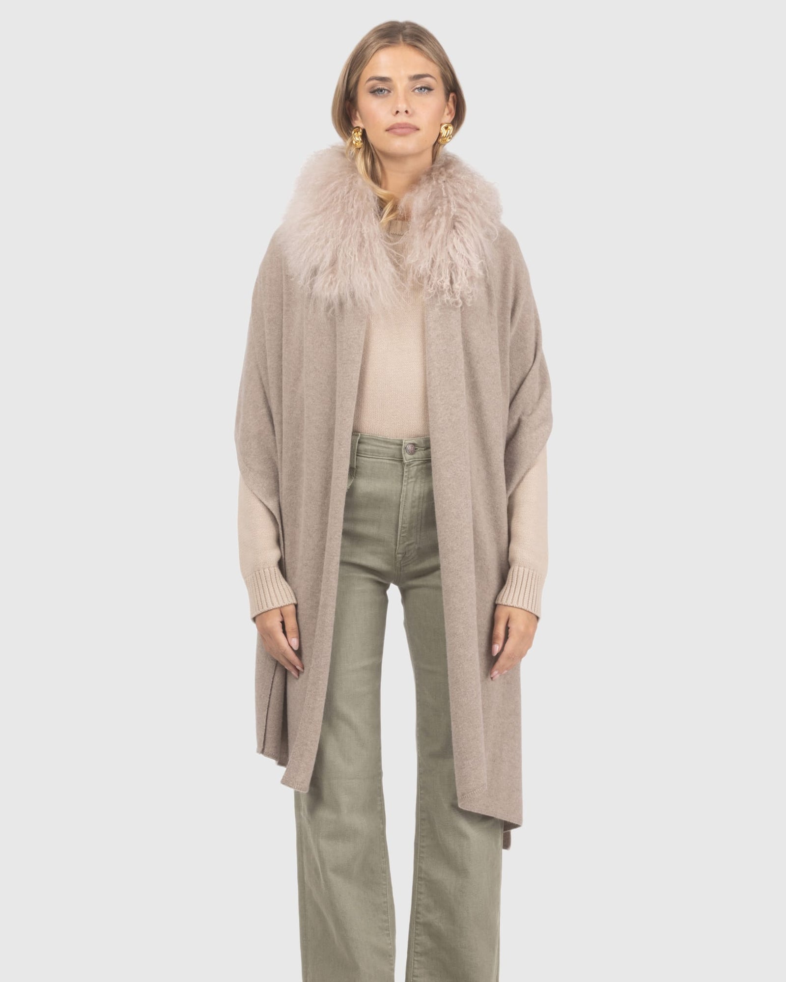 Select Cashmere and Merino Wool Blend Stole with Select Mongolian Lamb Trim | Cappucino