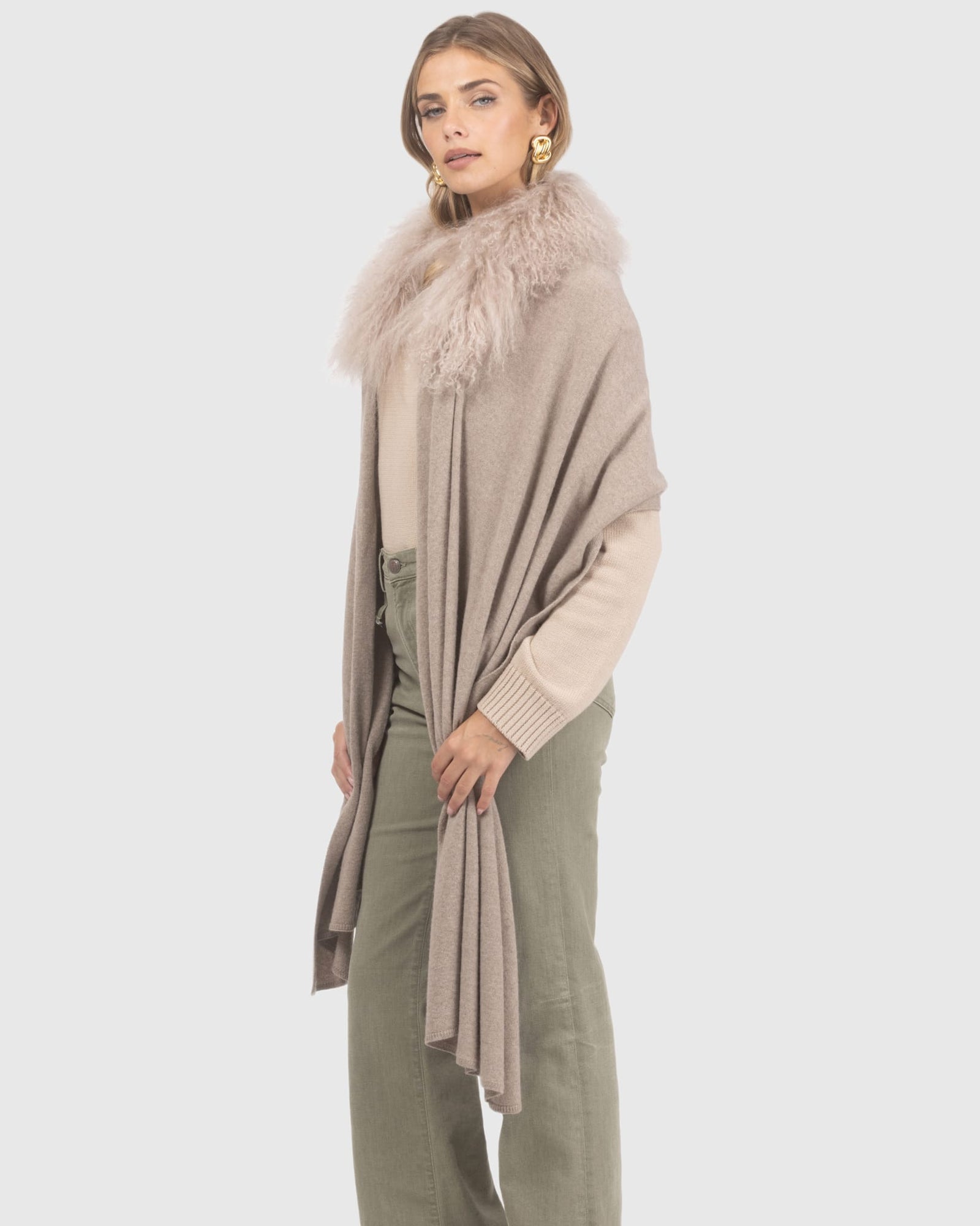 Select Cashmere and Merino Wool Blend Stole with Select Mongolian Lamb Trim | Cappucino