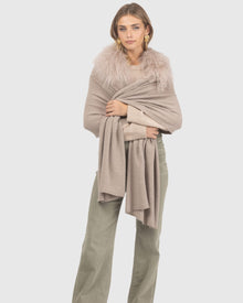 Select Cashmere and Merino Wool Blend Stole with Select Mongolian Lamb Trim | Cappucino