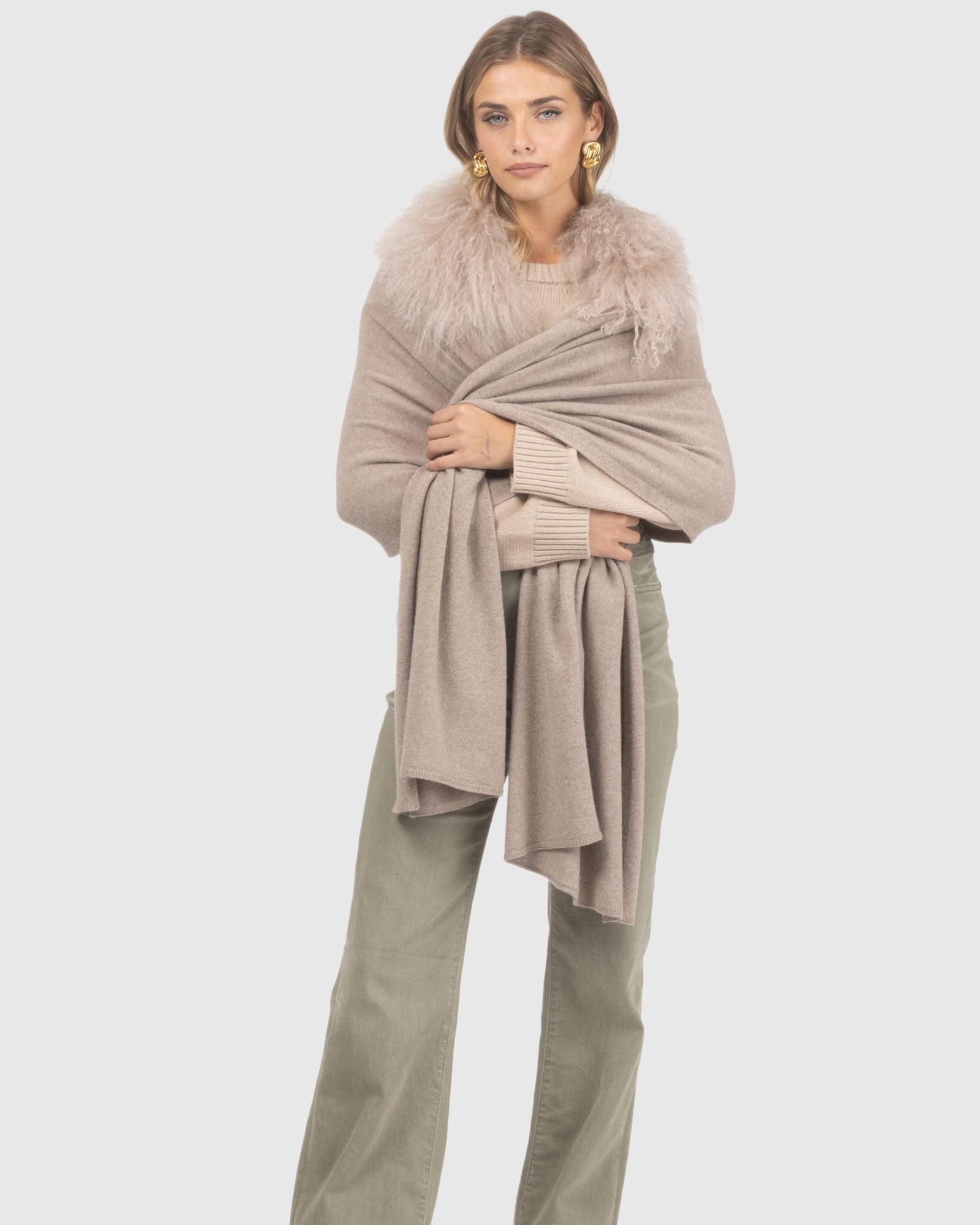 Select Cashmere and Merino Wool Blend Stole with Select Mongolian Lamb Trim | Cappucino