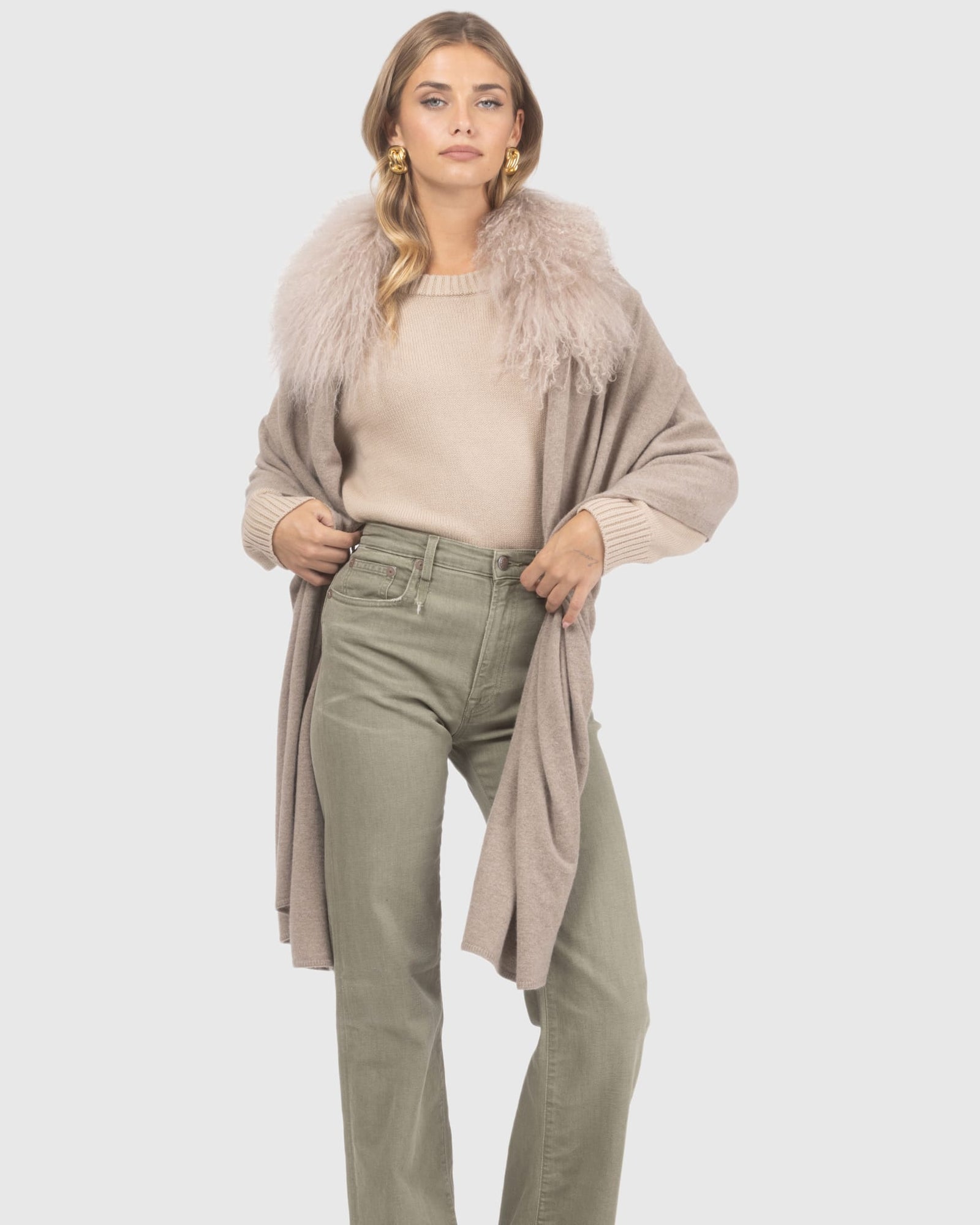 Select Cashmere and Merino Wool Blend Stole with Select Mongolian Lamb Trim | Cappucino