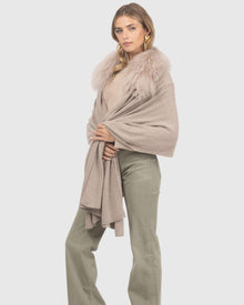 Select Cashmere and Merino Wool Blend Stole with Select Mongolian Lamb Trim | Cappucino