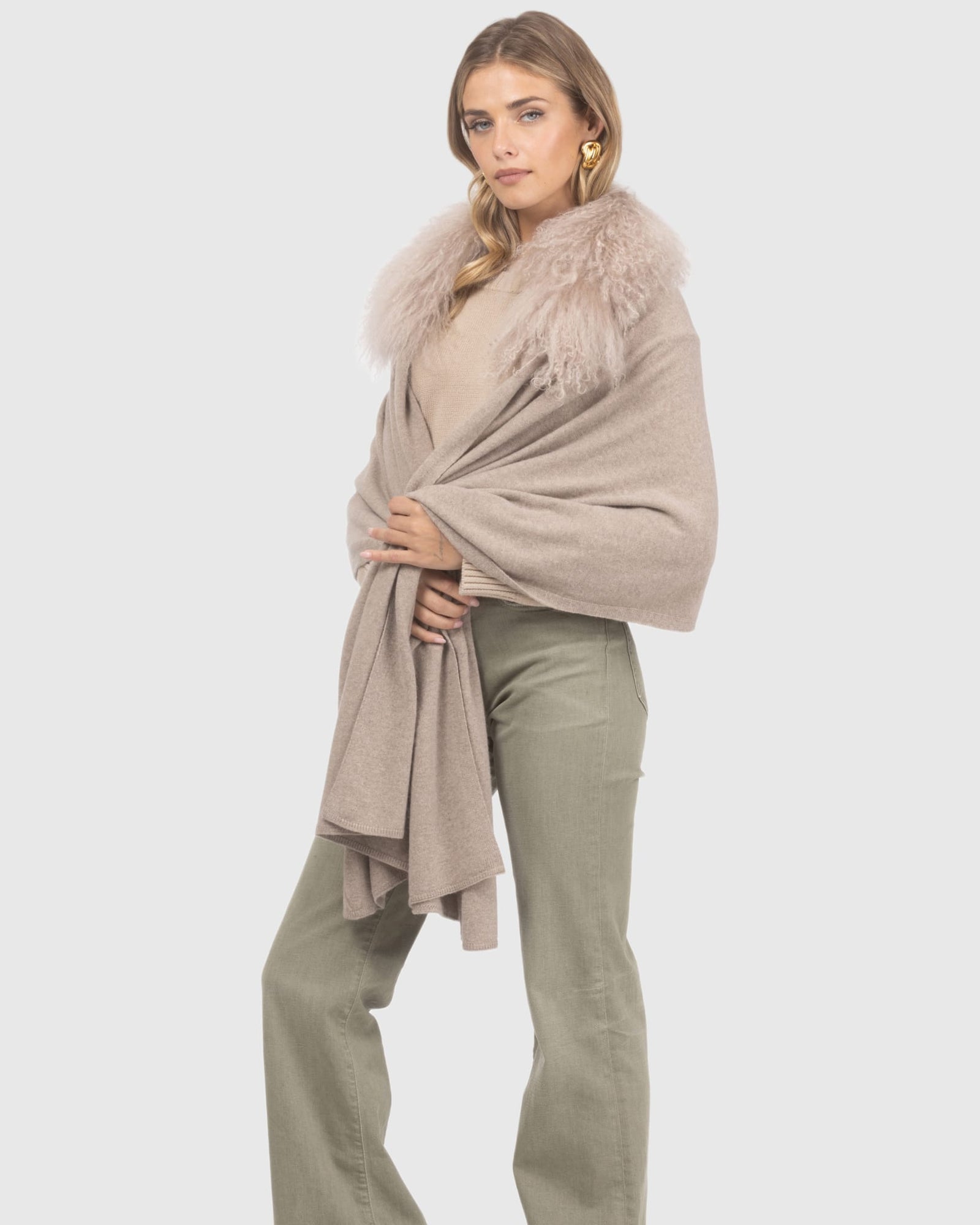 Select Cashmere and Merino Wool Blend Stole with Select Mongolian Lamb Trim | Cappucino