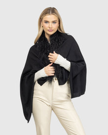 Select Cashmere and Merino Wool Blend Stole with Select Mongolian Lamb Trim | Black (V2)