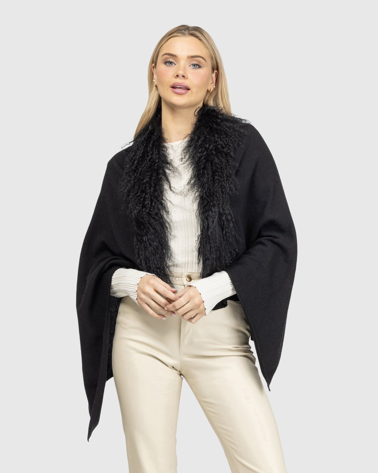 Select Cashmere and Merino Wool Blend Stole with Select Mongolian Lamb Trim | Black (V2)