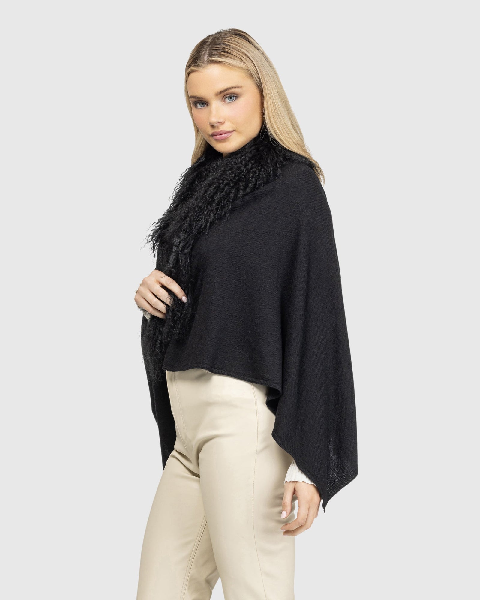 Select Cashmere and Merino Wool Blend Stole with Select Mongolian Lamb Trim | Black (V2)
