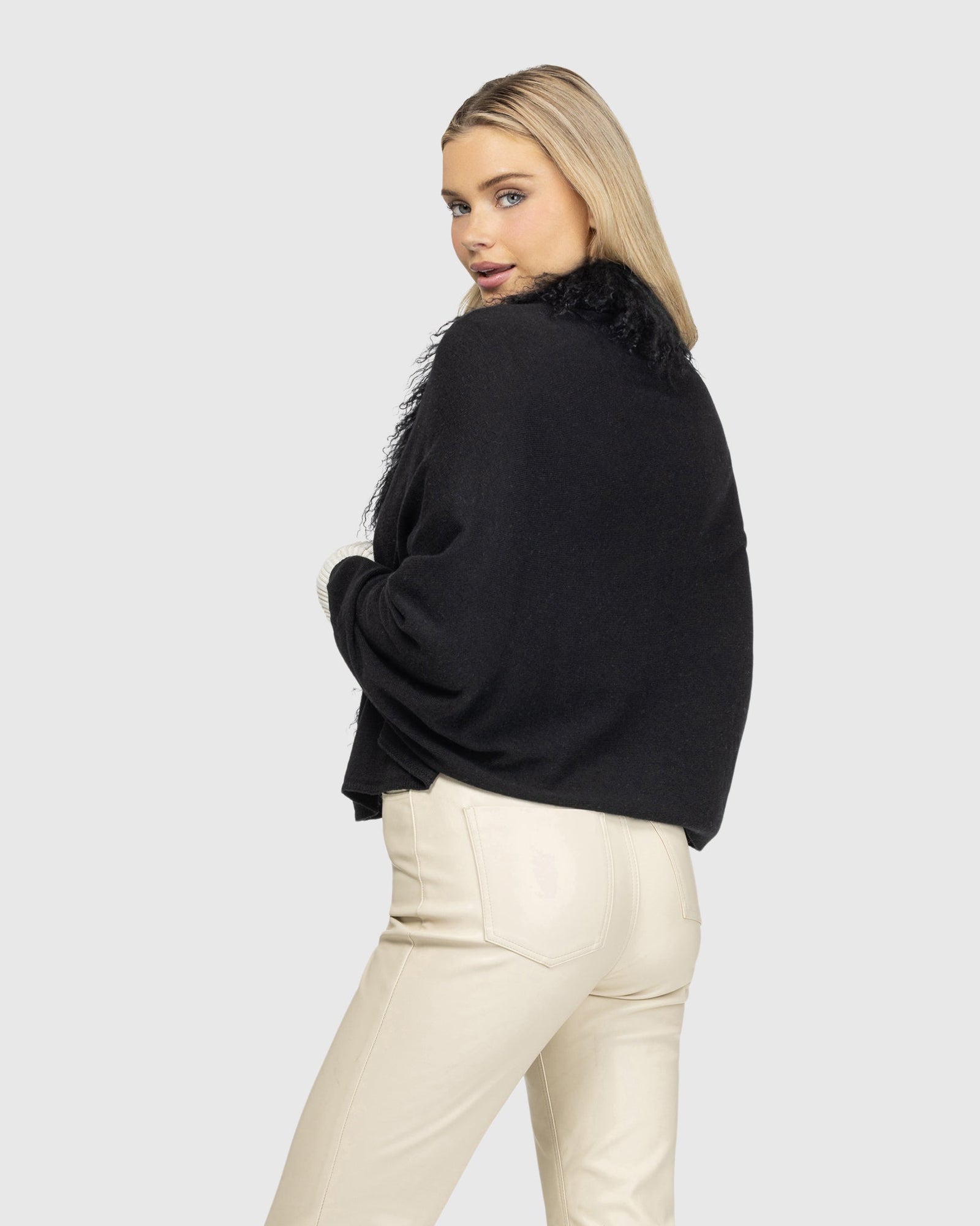 Select Cashmere and Merino Wool Blend Stole with Select Mongolian Lamb Trim | Black (V2)