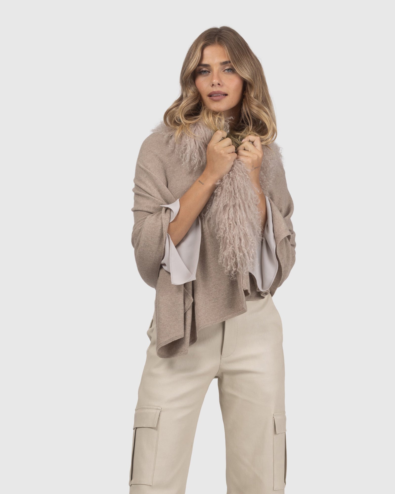 Select Cashmere and Merino Wool Blend Stole with Select Mongolian Lamb Trim | Cappuccino