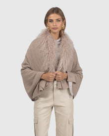 Select Cashmere and Merino Wool Blend Stole with Select Mongolian Lamb Trim | Cappuccino