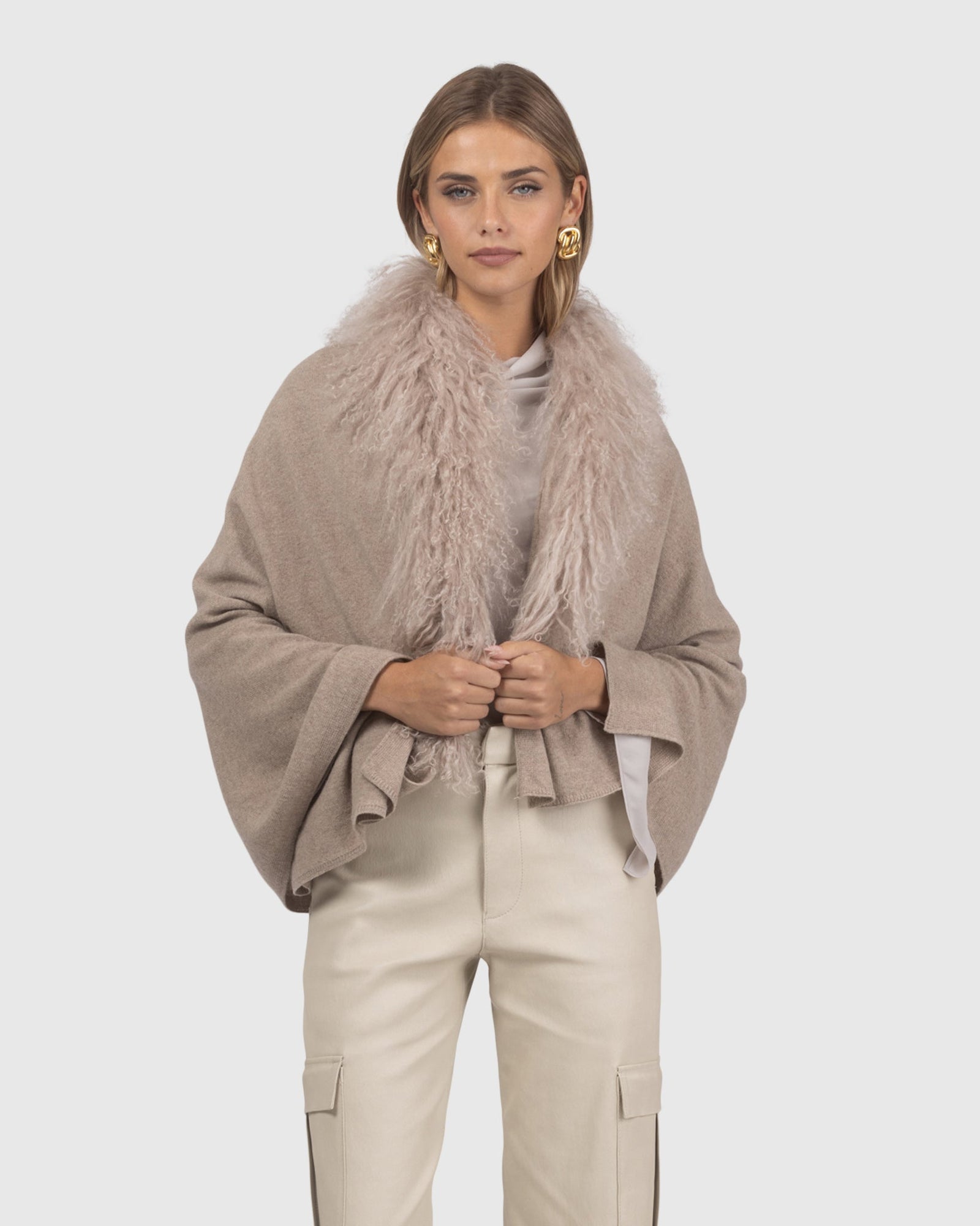 Select Cashmere and Merino Wool Blend Stole with Select Mongolian Lamb Trim | Cappuccino