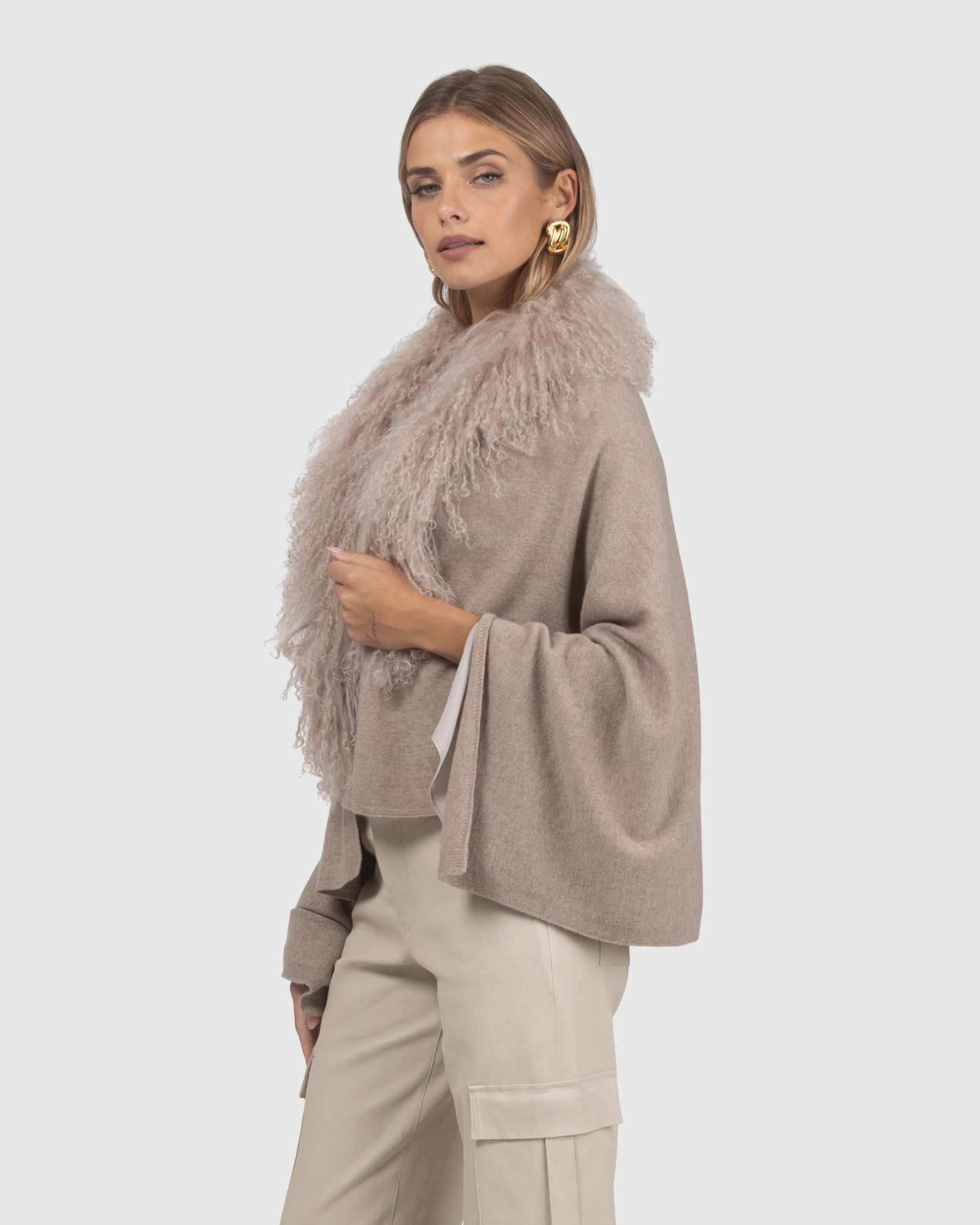 Select Cashmere and Merino Wool Blend Stole with Select Mongolian Lamb Trim | Cappuccino