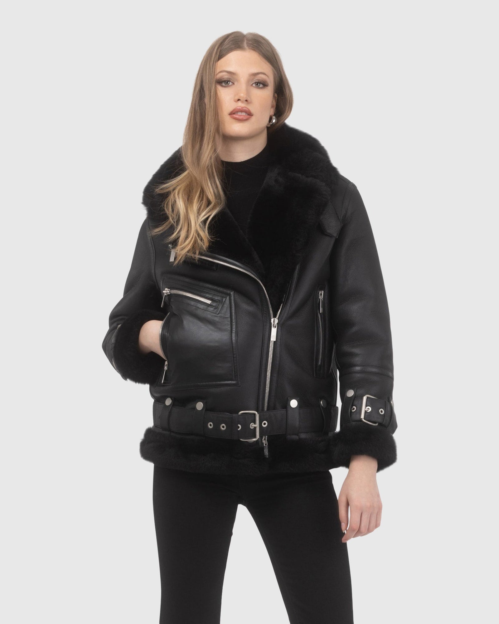 Genuine British Shearling Lamb, Hide To Heavy Wool Moto Jacket | Black